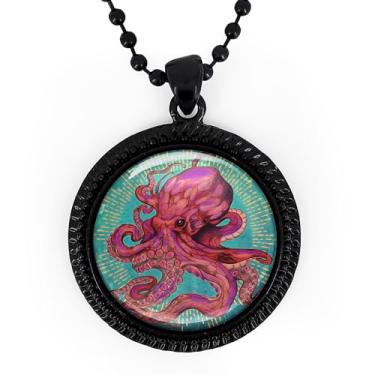 Imagem de Colar com pingente Kraken – Linda arte de tatuagem de polvo rosa, vida marinha colorida, joia de vidro feita à mão, prata ou preta, corrente esférica de 61 cm - 43-RN, grande, metal, sem pedra