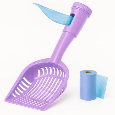 Imagem de ARMATY Colher de cocô 2 em 1 com acessório de bolsa, pá de areia para gatos com bolsa, dispensador embutido, inclui rolo de lixo, limpeza de enxágue, antiaderente, peneira inteligente, cabo longo