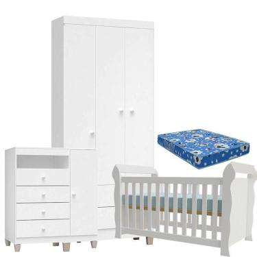 Imagem de Quarto De Bebê 3 Portas Ternura Baby Com Berço Lara Branco Brilho Com Colchão - Incorplac