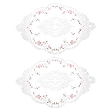 Imagem de Jogo americano retrô de renda 30,5 x 43,2 cm, oval, bordado, tapetes de mesa de crochê francês, porta-copos para casa, casamento, branco/rosa