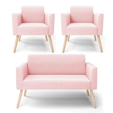 Imagem de Sofá Namoradeira com 2 Poltronas Pés Palito Natural Marisa Suede Rosa 
