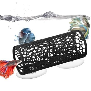 Imagem de huoflame Brinquedos de peixe Betta, rede de túnel, decoração segura de aquário para camarão de peixe pequeno, acessórios de tanque com ventosas perfeitos para esconderijo e área de lazer (preto)
