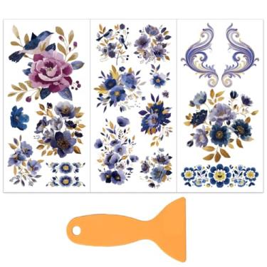 Imagem de OLYCRAFT 3 folhas/conjunto de adesivos para transferência de móveis Juliet de 15 x 30 cm, decalque autoadesivo de flor azul à prova d'água com raspador para decoração de gaveta de cômoda de janela