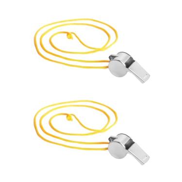Imagem de YuanHolumid Apito de aço inoxidável amarelo com cordão, apito esportivo de emergência de metal alto para árbitros, professores, crianças, treinadores e árbitros