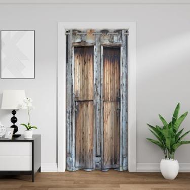 Imagem de Cortina rústica de porta de celeiro para privacidade de porta de porta de porta vintage diapidada tábua de madeira cinza marrom cortina divisória para quarto sala de estar portas de armário 83 x 199