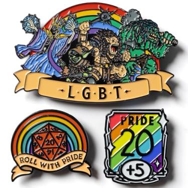 Imagem de TTRPG/D&D Pride-Themed Enamel Pins (Set of 3), LGBT (Lich Goblin Bugbear Troll), Roll with Pride™ Rainbow, Pride DND Stat Block, Soft Enamel, 1.4-3.25 Inch Sizes, Metal