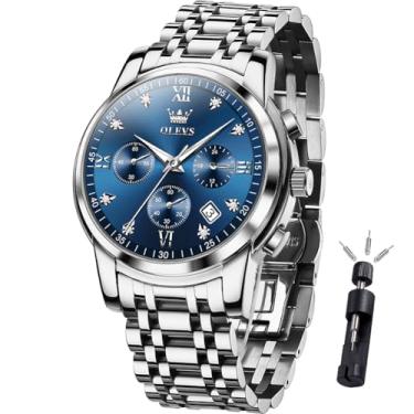 Imagem de OLEVS Relógio masculino de luxo, impermeável, luminoso, fácil leitura, cronógrafo, dourado, branco, diário, preto, com calendário, relógio de pulso, 2858-Prata - Face azul, round, relógios de luxo