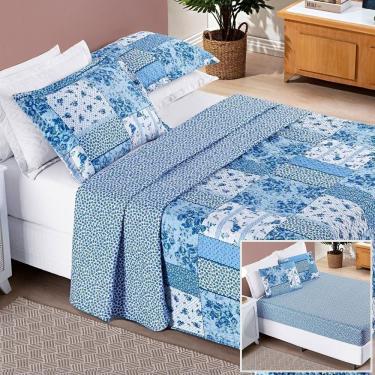 Imagem de Colcha + Jogo De Cama Bouti Estampado Queen 06 Peças 100% Poliéster - Azul Sereno