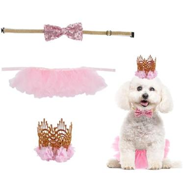 Imagem de NICENEEDED Conjunto de artigos de festa de cachorro, saia tutu rosa chapéu de coroa e gravata borboleta para cachorro, decoração de fantasia para animais pequenos e médios