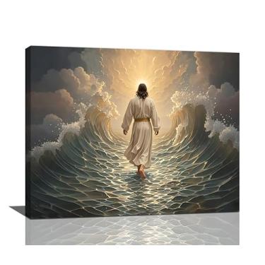Imagem de Jesus Walking on Water Wall Art Jesus Christian Spiritual Wall Decor Pictures Bible Story Canvas Prints Painting God Faith Artwork Decoration for Bathroom Bedroom Living Room Framed Gifts 40.6 cm x