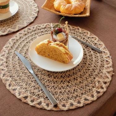 Imagem de Jogo americano redondo de tecido, conjunto de 2 tapetes de mesa boêmios trançados para casa de fazenda, rústico, de juta rústica, resistentes ao calor, para mesa de jantar, festa de casamento, cozinha
