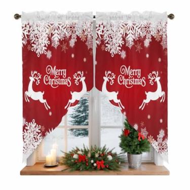 Imagem de Cortina de alce vermelho de Natal para janelas, cortinas de cozinha brancas de inverno floco de neve de Natal para sala de estar/quarto, Feliz Natal, camadas vermelhas, tratamentos de janela, 2