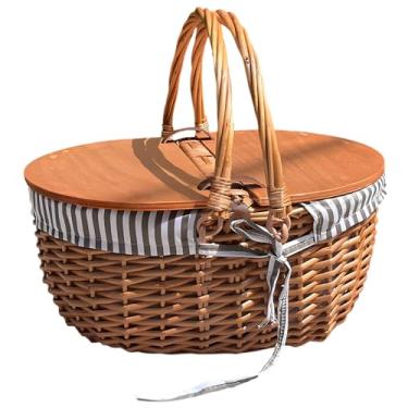 Imagem de Cesta de piquenique portátil, vime com alça e tampa, palha e salgueiro, 39 cm, para festas, acampamento ao ar livre