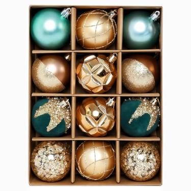 Imagem de HipTree Conjunto de enfeites de árvore de Natal - 12 unidades de enfeites de veludo de ouro verde de 8 cm para árvore de Natal, enfeite de bola pendurada à prova de estilhaçamento, enfeites de mesa de