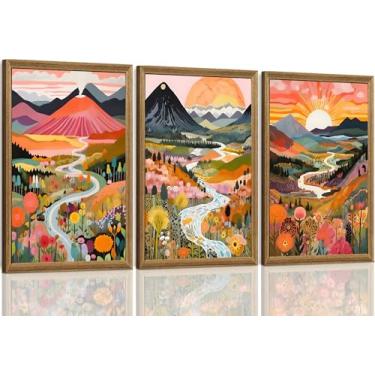 Imagem de ICHZUMW Conjunto de 3 arte de parede em tela floral paisagem abstrata paisagem abstrata montanha rio emoldurado, arte de pinturas botânicas de natureza colorida, grande decoração de parede de flores