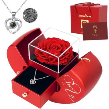 Imagem de HanJoy Colar Preserved Real Rose with I Love You, 100 idiomas - Presente romântico para ela, esposa, mãe | Dia dos Namorados, Natal, Dia das Mães, aniversário | Caixa de presente rosa eterna (vermelha