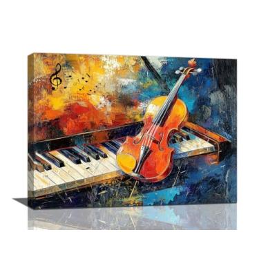 Imagem de Arte de parede de violino musical, decoração de parede em tela amante da música, pintura emoldurada de imagens de piano de violino, arte para banheiro, sala de estar, quarto, 40,6 cm x 30,5 cm L