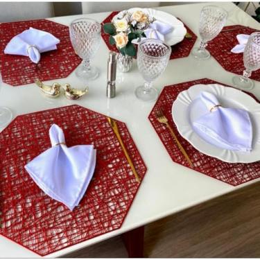 Imagem de Jogo Americano Octagonal Sextavado Kit 4 ou 6 Peças Redondo 38cm Mesa Posta (6 UNIDADES VERMELHO)