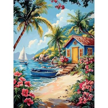 Imagem de Kits de ponto cruz estampado na praia para adultos - Kits de bordado de flores para iniciantes e adultos, kits de ponto cruz contados com dimensões de 11 CT para adultos, artesanato, 30,5 x 40,6 cm