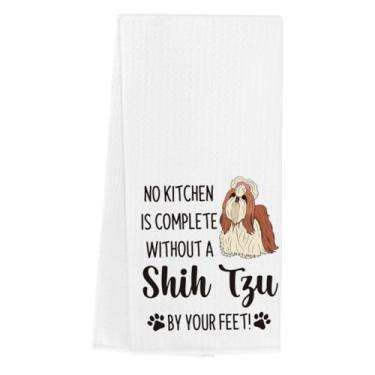 Imagem de WINGTECA Toalhas de cozinha engraçadas Shih Tzu para cães Shih Tzu presentes para proprietários Nenhuma cozinha está completa sem um prato de tecelagem de waffle de cachorro toalhas de mão para casa