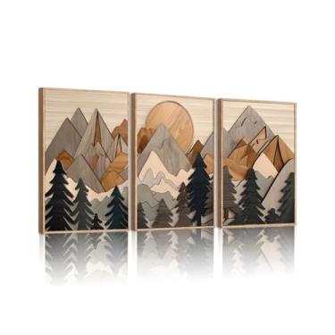 Imagem de Conjunto de 3 arte de parede de montanha grande decoração de parede floresta xilogravura pôsteres de tela paisagem de madeira natureza natureza selva pinturas de paisagem abstrata para sala de estar