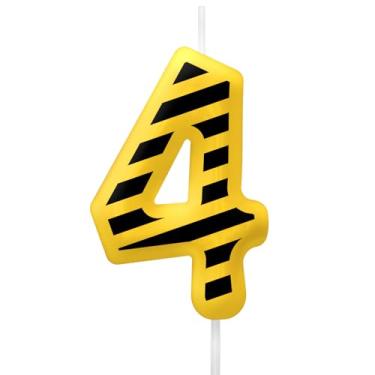 Imagem de Velas de aniversário de construção, 4 velas, topo de bolo listrado amarelo e preto para meninos e meninas, decoração de festa de aniversário de construção