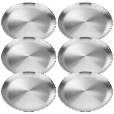 Imagem de Conjunto de 6 pratos de jantar de aço inoxidável inspirados na Coreia, 23 cm redondos, prata fosca 304 engrossada, pratos de metal para família, piquenique, acampamento