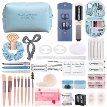 Imagem de Kit de emergência nupcial para o dia do casamento, conjunto de sobrevivência essencial de casamento para noiva em equipe, 50 peças essenciais, kit de viagem com bolsa de maquiagem (azul)