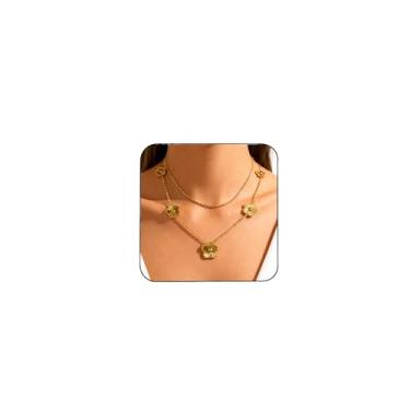 Imagem de NAOKIFU Colar feminino de trevo de quatro folhas, banhado a ouro 18K, em camadas delicadas, de aço inoxidável, 4 folhas, pingente de flor, pingente da sorte, joias para presentes, Aço inoxidável, Sem