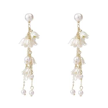 Imagem de Brincos femininos com pérolas de lírio branco do vale, brincos pendentes de flores de acrílico, brincos de borla de pétala longa, fantasia, joias, presentes, Large, Plástico, Sem pedra preciosa