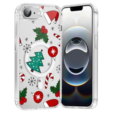 Imagem de RUMDEY Capa de celular Merry Christmas Candy para iPhone 16e árvore de Natal, capa magnética transparente de 6,1 polegadas, compatível com Magsafe, capa com design de padrão de inverno fofo à prova de