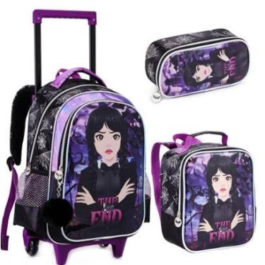Imagem de Kit Mochila Rodinha Lancheira Estojo Infantil Escolar Menina Wandinha Addans Denlex-Feminino