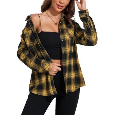 Imagem de Camisa de flanela KevaMolly xadrez de manga comprida  preta amarela