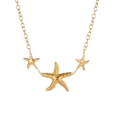 Imagem de Mauzew Colar feminino de estrela do mar com concha de mar, banhado a ouro 18 K, corrente de clipe de papel, pingente de pérola, pingente de concha, de aço inoxidável, não mancha, joias de praia