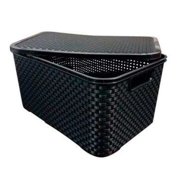 Imagem de Caixa Organizadora Rattan com Tampa, Cesto Plástico Preto Estilo Trançado, Capacidade 15 Litros, para Armazenamento Doméstico