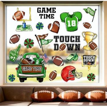 Imagem de Whaline Adesivo para janela de futebol americano, 6 folhas, adesivo, bola esportiva, capacete, troféu, caminhão, reutilizável, anticolisão para decoração de janelas para dia de jogo, aniversário