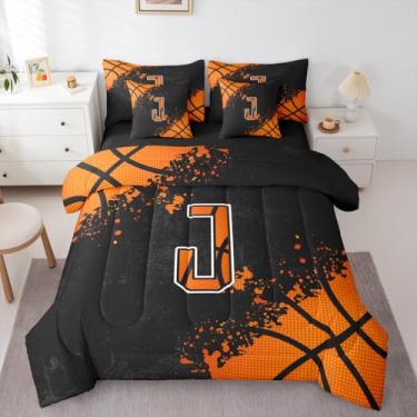 Imagem de Erosebridal Conjunto de edredom de basquete com lençol - monograma personalizado J conjunto de cama solteiro para meninos, meninas, esportes, jogos, 7 peças, conjunto de cama com tema esportivo