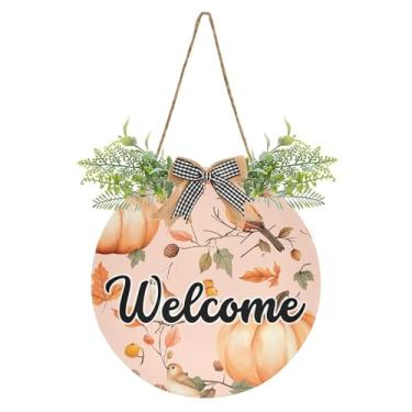 Imagem de SEHANY Guirlandas de outono para decoração de porta da frente, letreiro de boas-vindas de abóboras de madeira rústica para pendurar no dia de Ação de Graças para decoração de festas ao ar livre