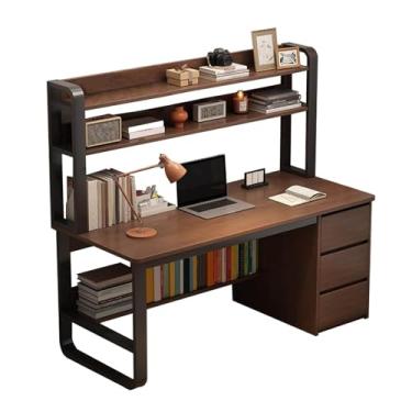 Imagem de Mesa de escritório, mesa de computador com três gavetas integradas, mesa de trabalho para estudo de quarto e outras cenas, moldura de metal, nogueira preta, 100 x 50 cm