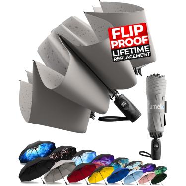 Imagem de TUMELLA Guarda-chuva de viagem invertido à prova de flip, pequeno, forte, mas leve, portátil e automático, guarda-chuva dobrável reverso, aderência premium durável, serve para carro e mochila, H
