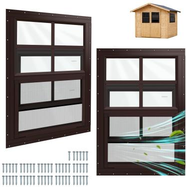 Imagem de Kerty Pacote com 2 janelas embutidas com vidro temperado para galpões, galinheiros, garagem e teatro (marrom, 61 cm x 68 cm)
