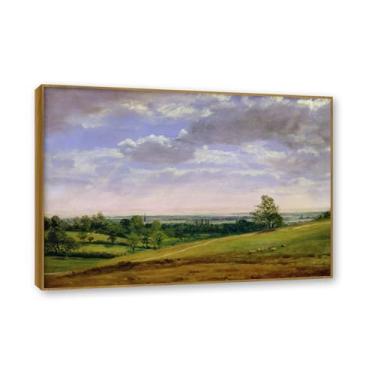 Imagem de Moldura de teca. Arte em tela romantismo estilo constable (vista de Highgate Hill), pintura de paisagem inglesa emoldurada, decoração de parede elegante para sala de estar escritório. 80 x 112 cm