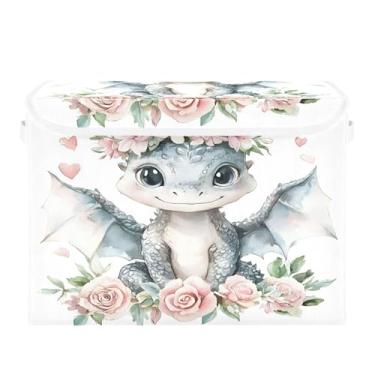 Imagem de xigua Cestos de armazenamento fofos de dragão para bebês com tampas e alça de transporte, caixas de armazenamento dobráveis, recipientes organizadores, cestos, cubo com capa para casa, quarto, armário