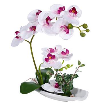 Imagem de LMJYU Arranjo de flores de orquídea de seda branca com vaso de porcelana - Bonsai elegante de orquídea falsa Phalaenopsis ou decoração de casa