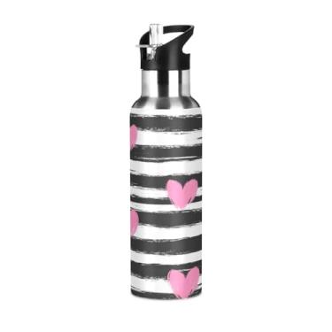 Imagem de Wassud Garrafa de água de aço inoxidável listrada com corações garrafa de água esportiva com canudo isolado copo portátil de viagem 623 g