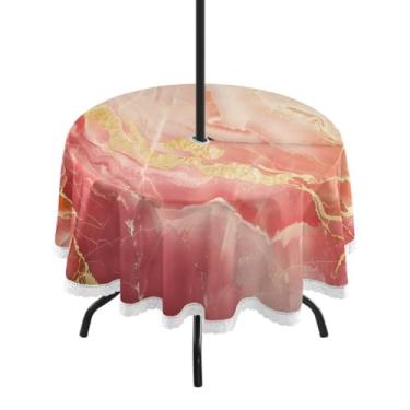 Imagem de CEBUGI Toalha de mesa redonda para uso ao ar livre, textura de mármore ouro rosa, impermeável, com furo Umberlla, capa de mesa lavável para pátio, cozinha, sala de jantar, 152 cm