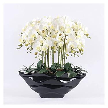 Imagem de Flor artificial realista grande orquídea borboleta artificial com vaso de flores preto de cerâmica, orquídea de seda, flor artificial de plástico