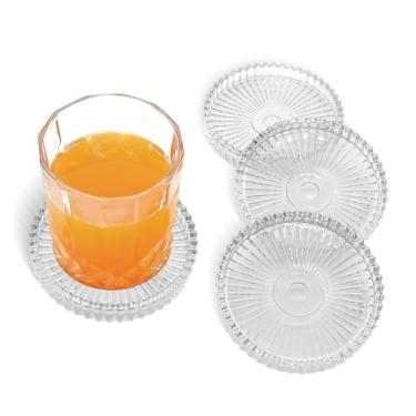 Imagem de Conjunto de 4 porta-copos redondos modernos transparentes, porta-copos de vidro de 10 cm, porta-copos modernos de cristal para bebidas, café, escritório, bar, cozinha, casa, decoração de festa de