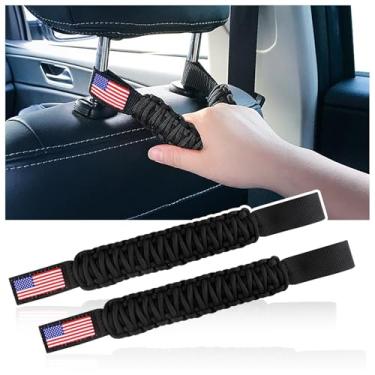 Imagem de Aokdom 2 peças de alças de apoio de cabeça anticolisão de segurança com bandeira dos EUA - Alças de apoio de assento traseiro paracord universal compatíveis com Jeep Wrangler YJ TJ JK, Toyota Tacoma