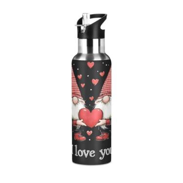 Imagem de Wassud Garrafa de água dois gnomos segurando coração garrafa de água esportiva de aço inoxidável com canudo garrafas de água isoladas copo portátil de viagem 623 g